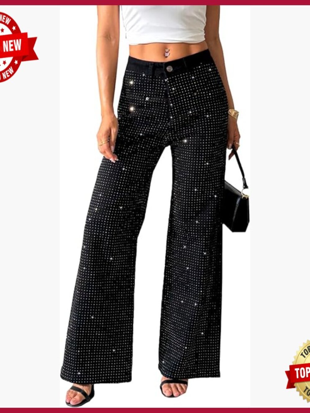 High Waist Wide Leg Flare Jeans with Rhinestone Embellishments